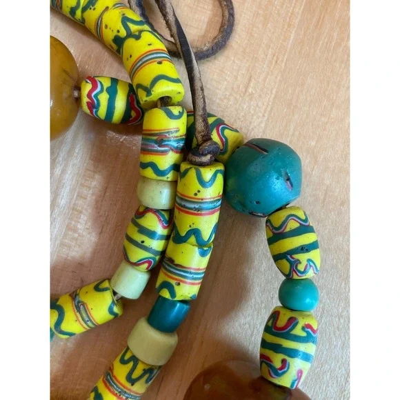 Vintage African Trade Bead Necklace Faux Amber Millefiori Glass Ethnic Bohemian - Picture 5 of 12